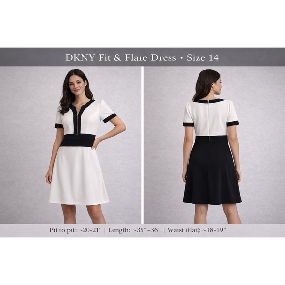 Dkny Dresses & Skirts - DKNY Fit & Flare Dress Size 14 Ivory Navy Colorblock Zip Front ShortSleevederby